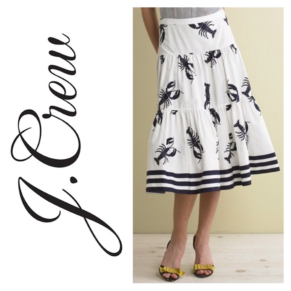 J. Crew White Tiered Skirt with Navy Lobster Print